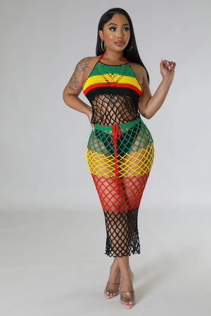 Rasta Knitted Fishnet Cover Up Dress