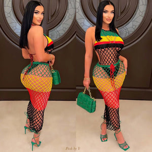 Rasta Knitted Fishnet Cover Up Dress