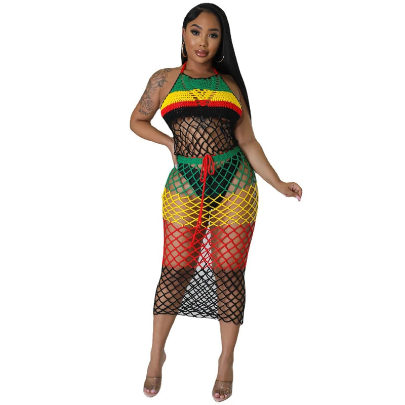 Rasta Knitted Fishnet Cover Up Dress