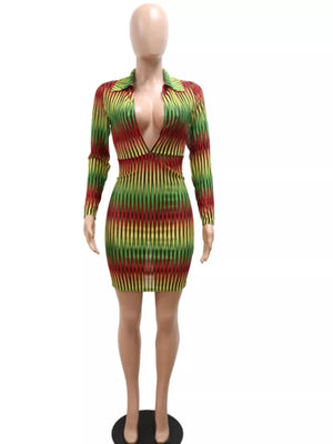 Rasta Striped Long Sleeve V-neck Midi Dress