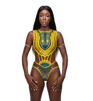 African Print Laced Up One Piece Swimsuit