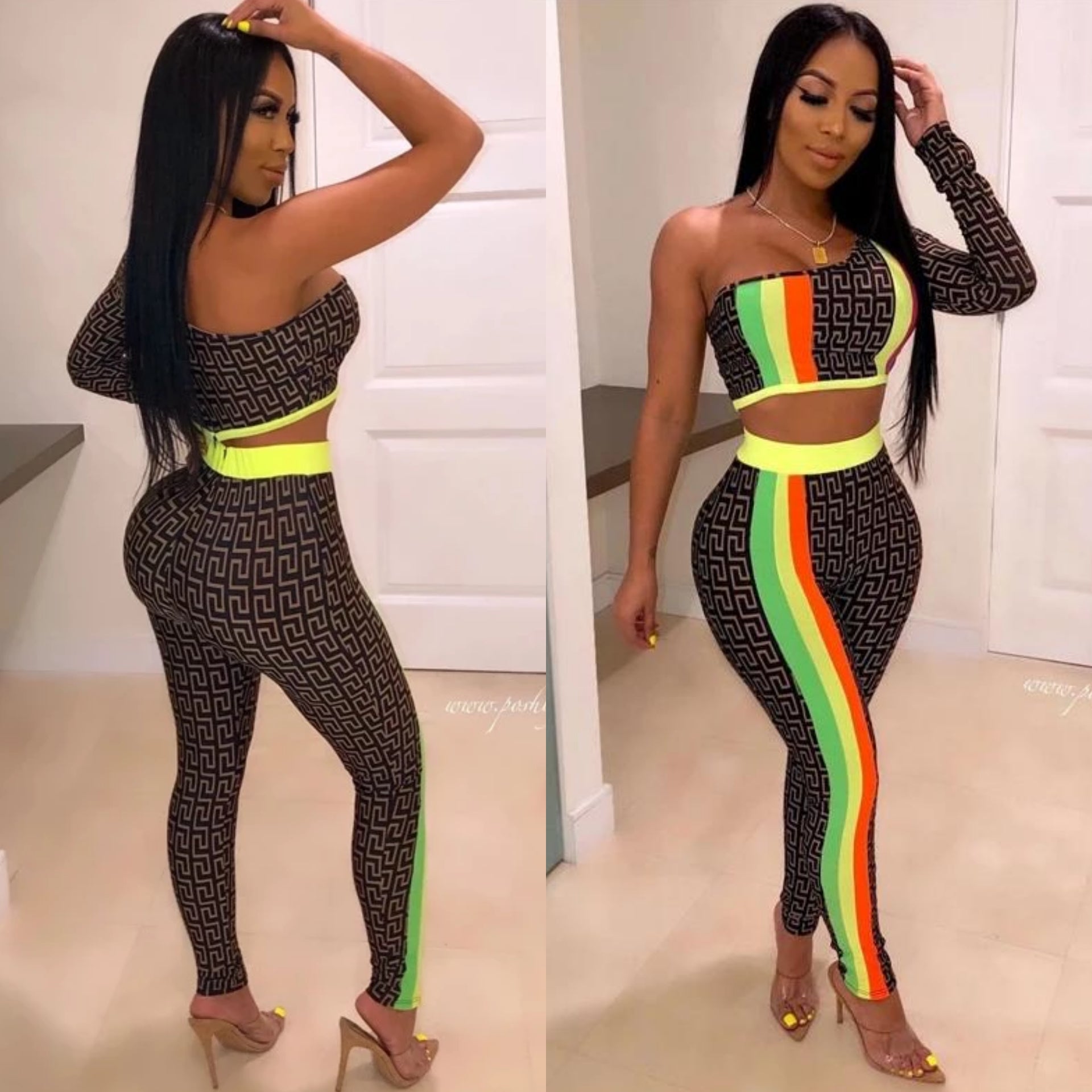 Rasta Stripe One Shoulder Top and Pants Set