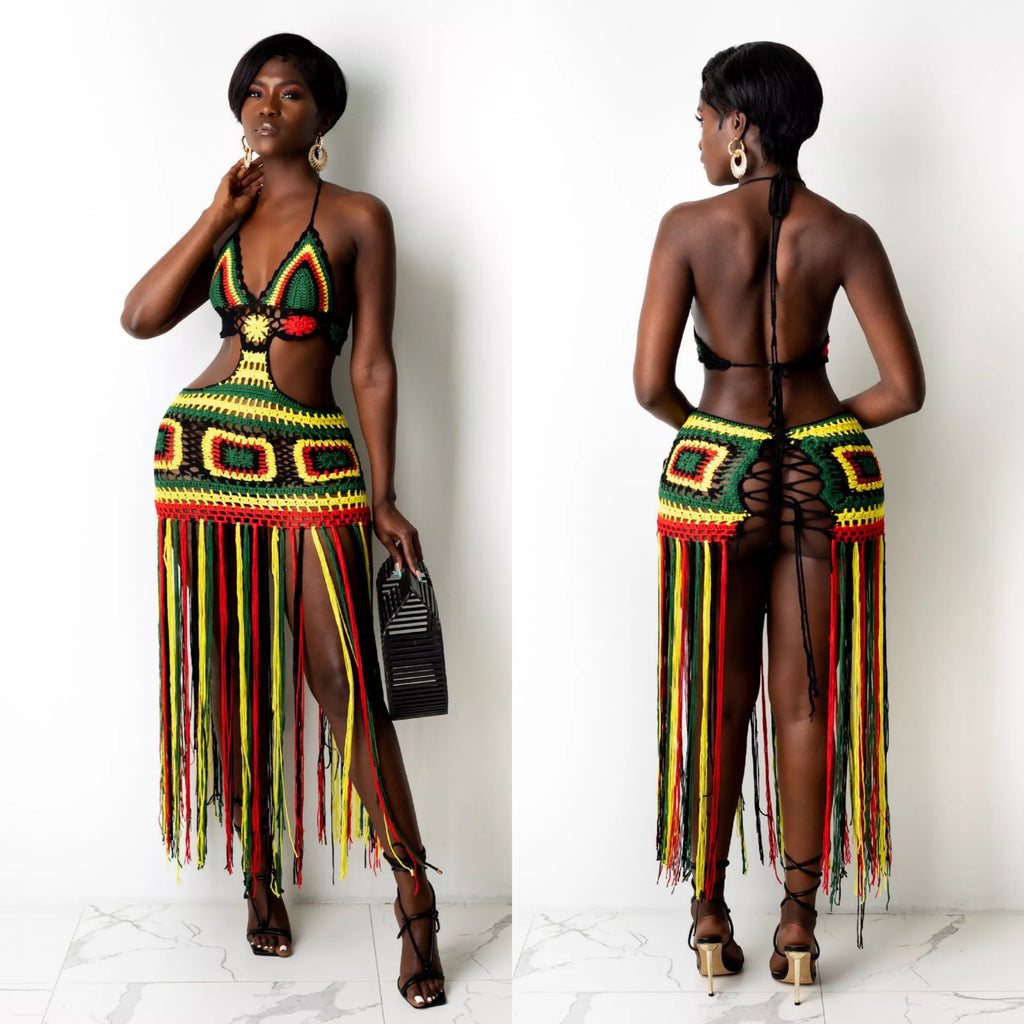 Rasta Knitted Crochet Halter Tassel Dress