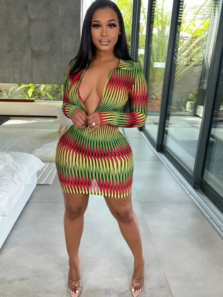 Rasta Striped Long Sleeve V-neck Midi Dress