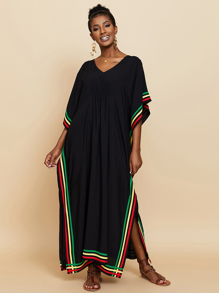 Elegant Black Rasta Striped Maxi Dress