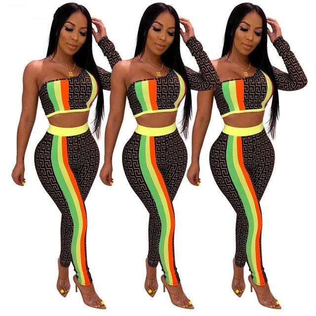 Rasta Stripe One Shoulder Top and Pants Set