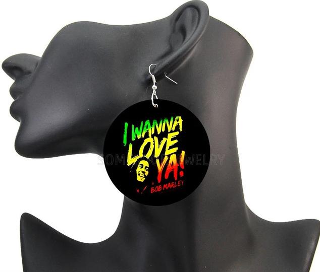 I Wanna Love YA Bob Marley Wooden Earrings