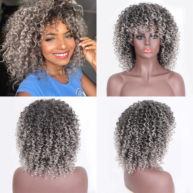 14inches Afro Kinky Curly Synthetic Wig With Bangs