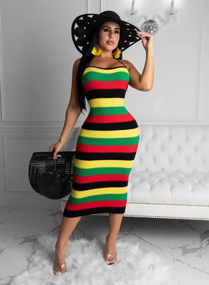 Rasta Striped Sleeveless Bodycon Midi Dress