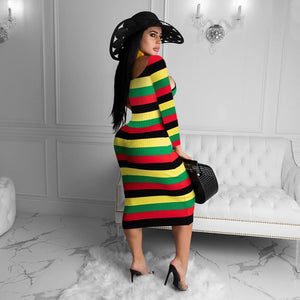 Rasta Striped One Shoulder Long Sleeve Midi Dress