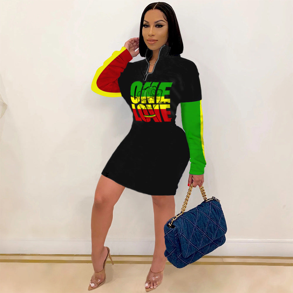 Rasta One Love Long Sleeve Zipper up Midi Dress