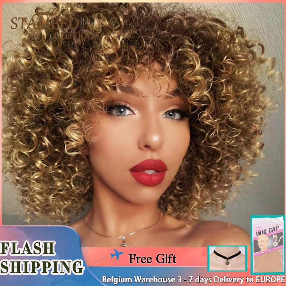 14inches Afro Kinky Curly Synthetic Wig With Bangs