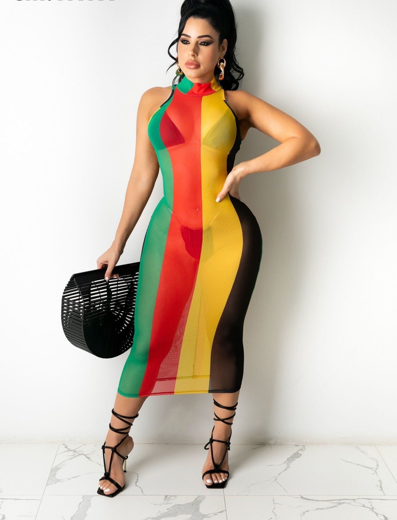 Rasta Bodycon See-through Midi Dress