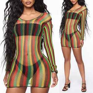 Rasta Long Sleeve Fishnet Cover Up Dress