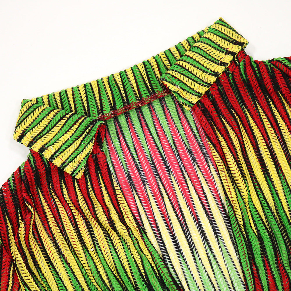 Rasta Striped Long Sleeve V-neck Midi Dress