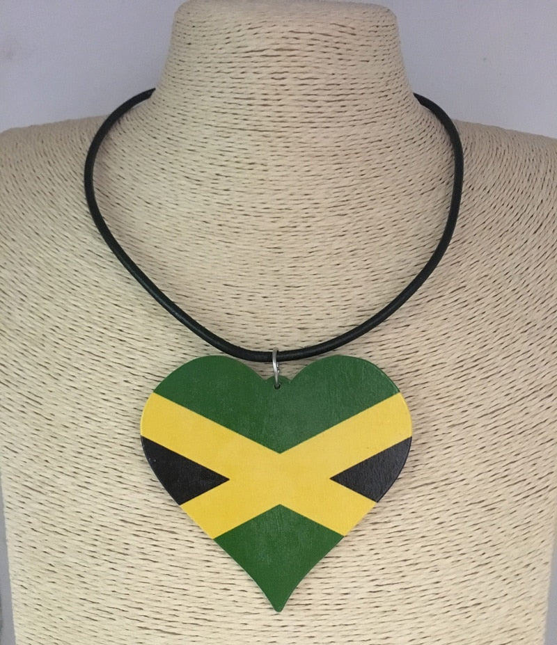 Jamaica Flag Heart  Wooden Pendant Necklace