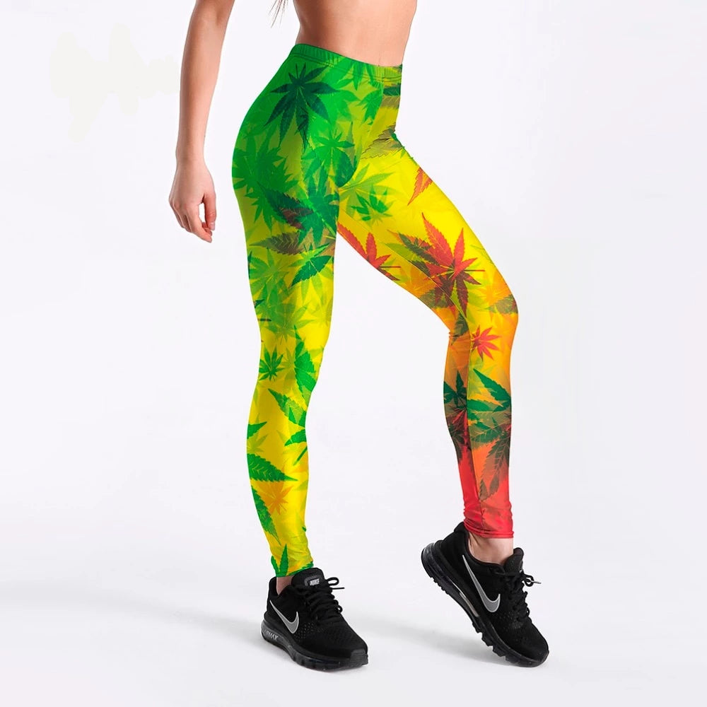 Women High Waist Weed Leaf Leggings