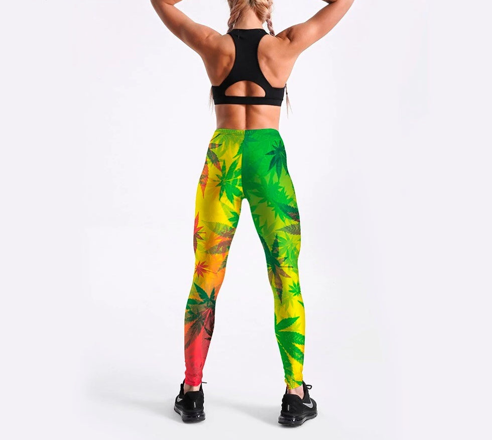 Women High Waist Weed Leaf Leggings