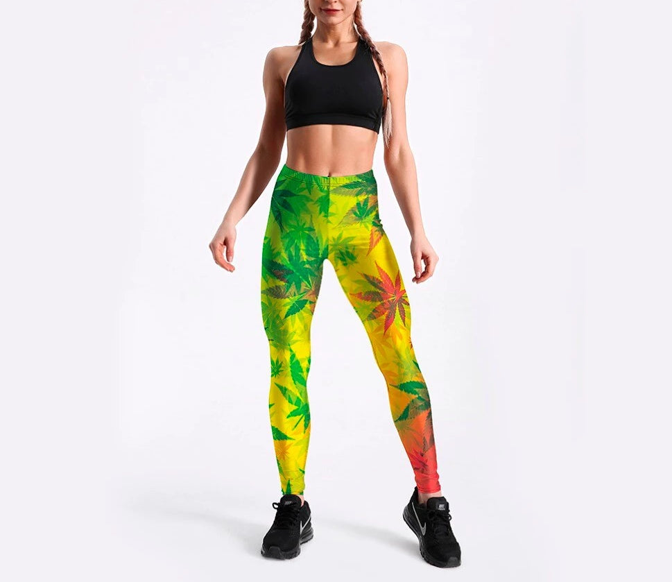 Women High Waist Weed Leaf Leggings