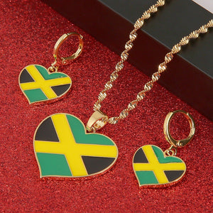 Jamaica Flag Heart Pendant Necklace And Earring Set