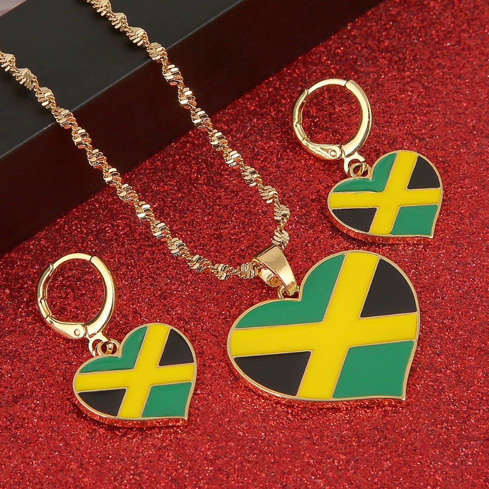 Jamaica Flag Heart Pendant Necklace And Earring Set