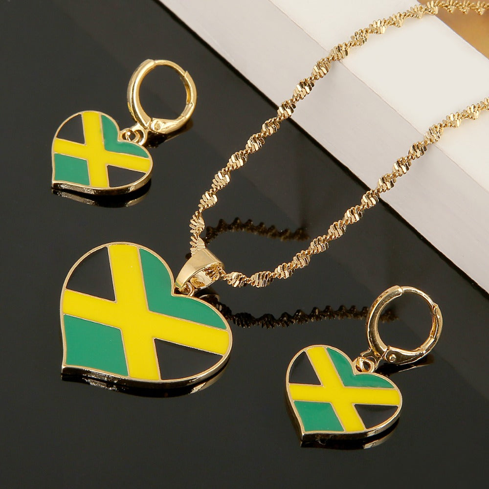 Jamaica Flag Heart Pendant Necklace And Earring Set