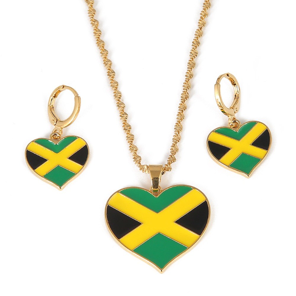 Jamaica Flag Heart Pendant Necklace And Earring Set