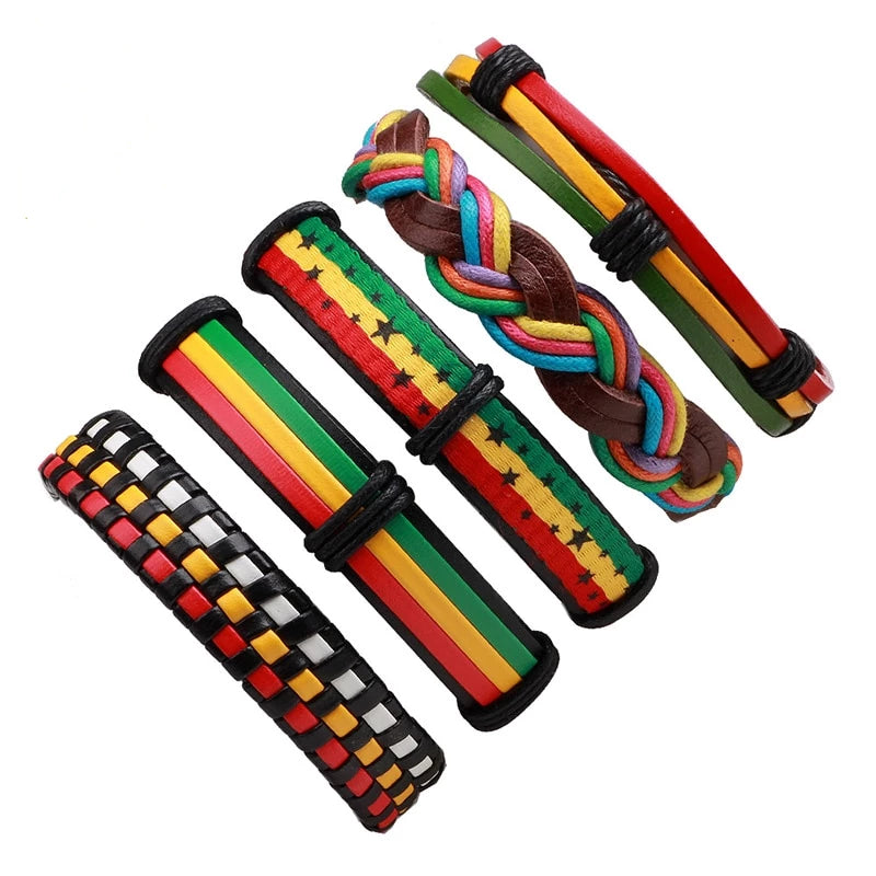 5pcs Rasta Leather Bracelet Set